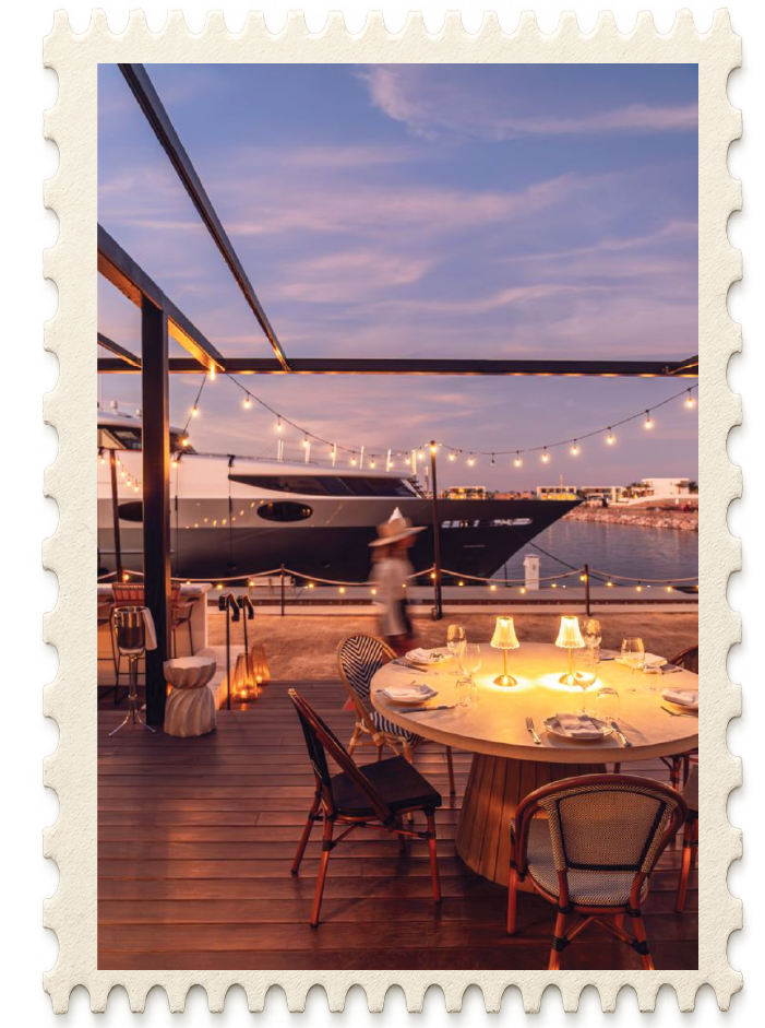 Waterfront dining at sunset